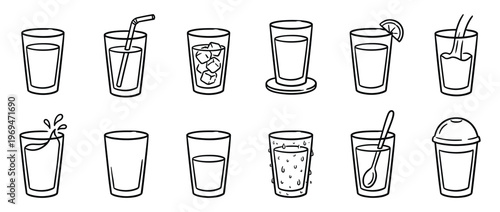 Collection of twelve simple black outline drawings depicting various drinking glasses with different contents and styles
