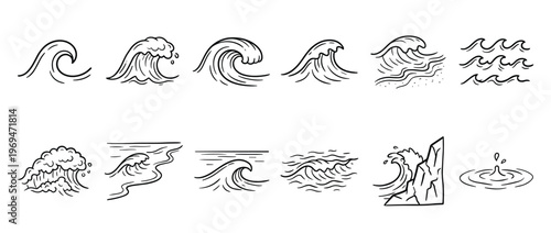 Collection of hand-drawn ocean waves in various styles, depicting different movements and forms of water, presented in a clean, graphic illustration