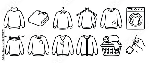 Collection of black outline sweater icons depicting various styles, laundry, and mending activities, presented in a clean, graphic illustration