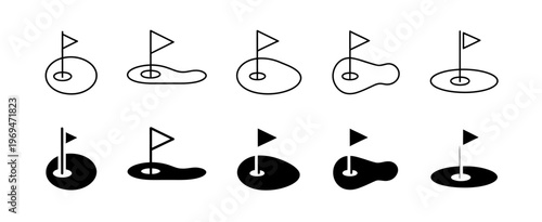 Ten flagged markers on varying shapes of landmasses in black and white