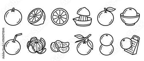 Collection of black outline citrus fruit icons depicting whole, sliced, peeled, and juiced oranges