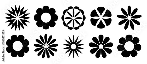 Ten Black and White Flower Silhouettes with Varying Petal Shapes and Sizes petals