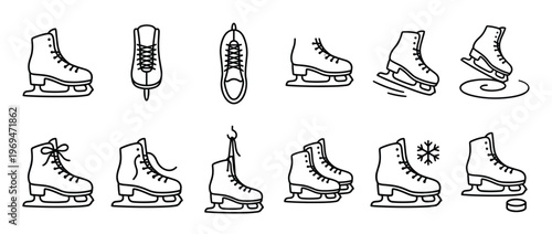 Various black outline ice skate icons are arranged neatly, showing different angles and actions in a clean, graphic style