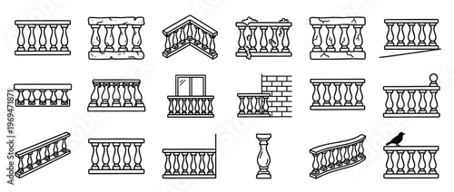 Collection of various balustrade and railing line art icons, showcasing different styles and conditions