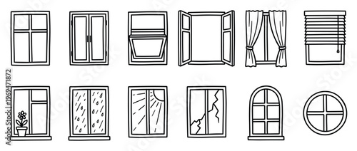 Collection of various hand-drawn window illustrations in black outline, depicting different styles, conditions, and views, presented in a simple, graphic manner