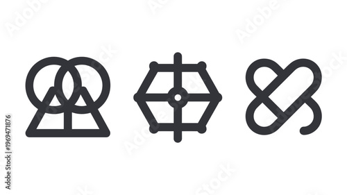 Three abstract geometric shapes in black on white background