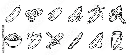 Various black outline cucumber illustrations show whole, sliced, peeled, and pickled forms in a clean, graphic style