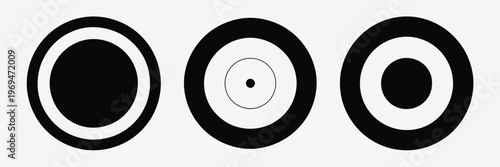Three black and white concentric circle patterns with varying inner circle sizes
