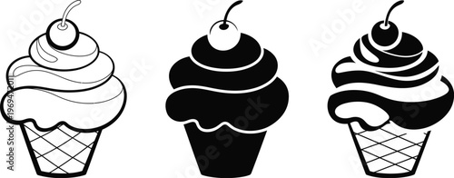 Three black and white cupcakes with cherries on in a minimalist style