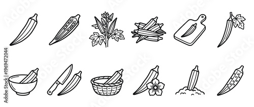 Collection of black and white line art illustrations depicting various aspects of okra, from plant to preparation, in a clean, graphic style