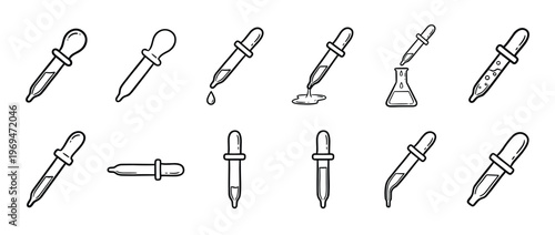 Collection of hand-drawn black outline pipettes and droppers in various positions, some with liquid, on a clean white surface
