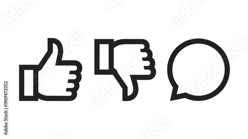 Three black and white hand gesture with a speech bubble thumbs up thumbs down