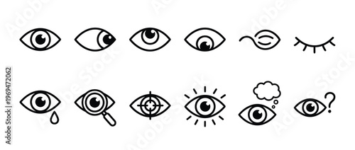 Collection of various eye icons in black outline, depicting different states of vision and emotion, presented clearly