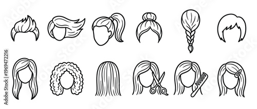 Collection of various outline hair styles and hair care tools, including short, long, curly, braided, and accessories