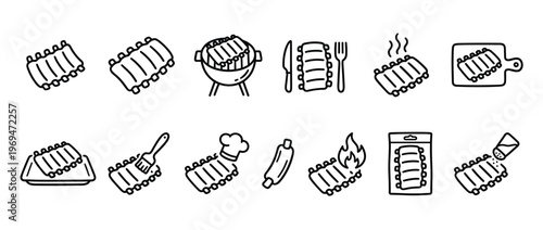 Collection of twelve black outline icons depicting various pork ribs preparations and related cooking items