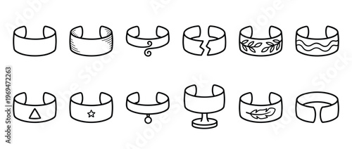 Collection of various hand-drawn black outline rings and cuffs with different designs, shapes, and decorative elements