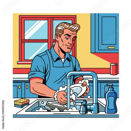 Man Washing Dishes in Kitchen Sink, Domestic Chore, Retro Style