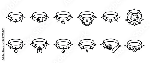 Collection of various black outline spiked collars with different buckles, rings, and chains, presented as a set of minimalist icons