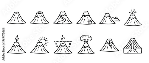 Collection of simple black outline volcano icons depicting various states and elements in a clean, graphic style