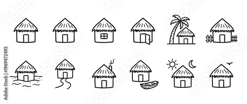 Collection of simple hand-drawn thatch hut icons with various details and elements, presented in a clean, illustrative style