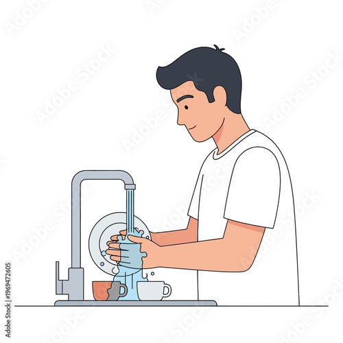 Man washing dishes in kitchen sink, hands cleaning cup under running water