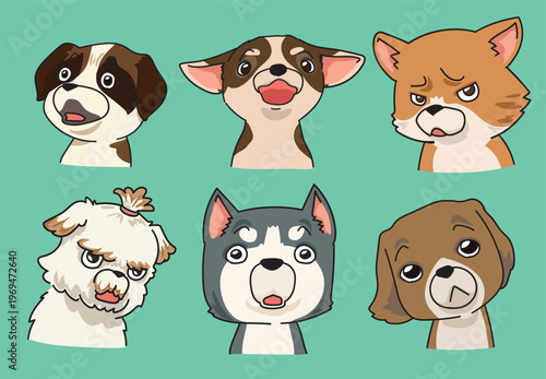 Cute Curious Dogs Collection, Hand Drawn Vector Illustration of Funny Puppies with Different Facial