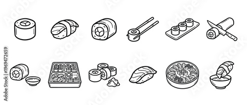 Collection of various sushi and sashimi illustrations in a clean, minimalist black and white outline style, depicting different preparations and serving methods