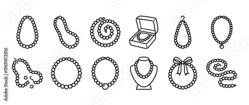 Various pearl necklace line art icons are displayed in a clean, simple, and elegant vector illustration