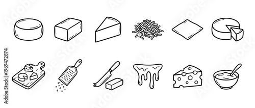 Various hand-drawn cheese icons, including blocks, wedges, grated, slices, and tools, presented in a clean black and white outline style