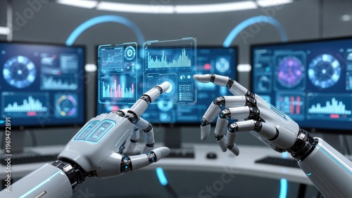 Close-up of advanced robotics interaction technologies in a futuristic digital lab environment