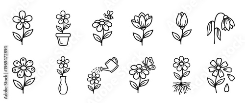 Collection of simple outline flower icons depicting various stages and interactions, presented in a clean, graphic style
