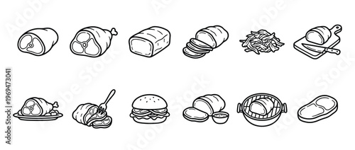 Collection of various meat products and dishes, including roasts, steaks, and a hamburger, depicted in a clean line art style
