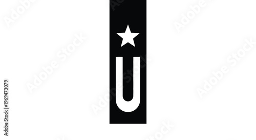 A minimalist vector graphic illustration featuring a clean white star placed above a large uppercase letter U, both elements precisely centered within a striking vertical black rectangle design.