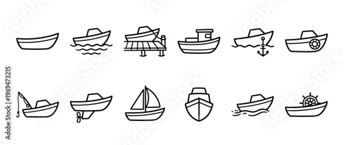 Collection of various simple black outline boat icons, including fishing boats, sailboats, and motorboats, presented in a clean, minimalist style