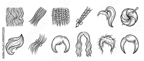 Various black and white hand-drawn hair styles and textures are depicted in a graphic illustration
