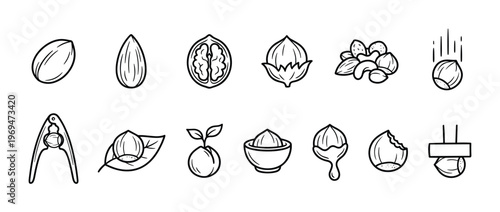 Collection of various nut icons in a simple black and white line art style, depicting different types and forms
