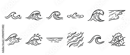 Collection of twelve distinct hand-drawn ocean wave illustrations in a simple black outline style, depicting various water movements and splashes