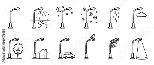 Collection of black outline street lamp icons depicting various weather conditions, times of day, and urban elements