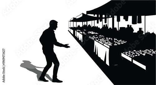 Man reaches out to market stall with tempting goods under canopy
