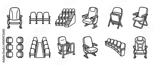 Collection of various outline style seating arrangements for different venues, including single chairs, rows, and tiered seating, presented as a clean vector illustration