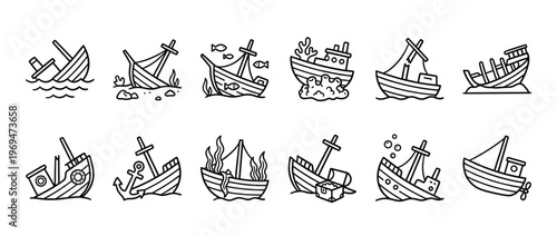 Various hand-drawn shipwreck illustrations showcasing different types of sunken boats and their surrounding underwater elements in a clean line art style