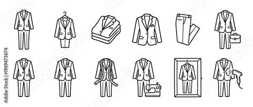 Collection of black outline icons depicting various aspects of business suits and their care