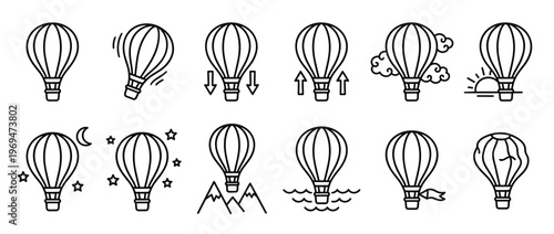 Collection of black outline hot air balloon icons depicting various states and environments, presented in a clean, minimalist style