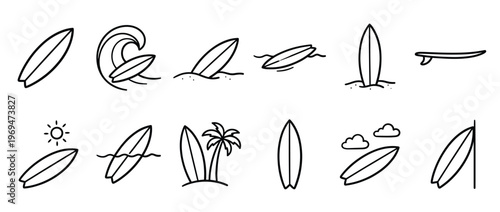 Collection of twelve black outline surfboard icons in various poses and settings, depicted with a clean, minimalist style