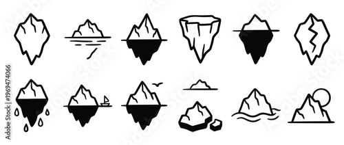 Collection of various hand-drawn iceberg icons in black and white, depicting different shapes and states of ice floating in water