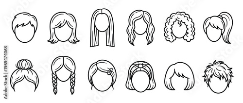 Collection of various outline hair styles and head shapes for men and women, presented as simple black and white vector icons