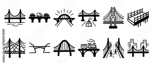 Collection of various black and white bridge icons illustrating different types and uses of bridges in a simple, graphic style