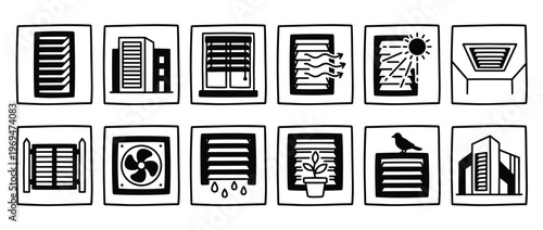 Twelve black and white hand-drawn icons depicting various window blinds, shutters, and related elements in a simple, graphic style
