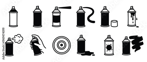 Collection of black and white spray paint can icons in various states of use, depicted in a simple, clean graphic style