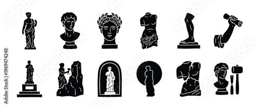 Collection of various black silhouette ancient Greek and Roman sculptures and busts, depicting classical art forms
